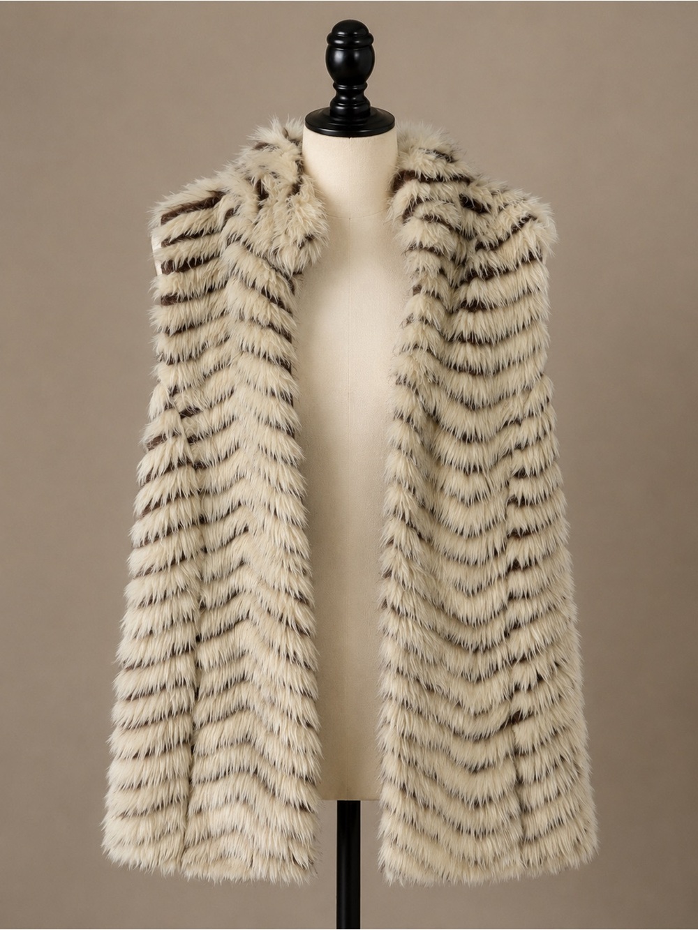Faux Fur Chevron Striped Long Vest Cream Brown XL